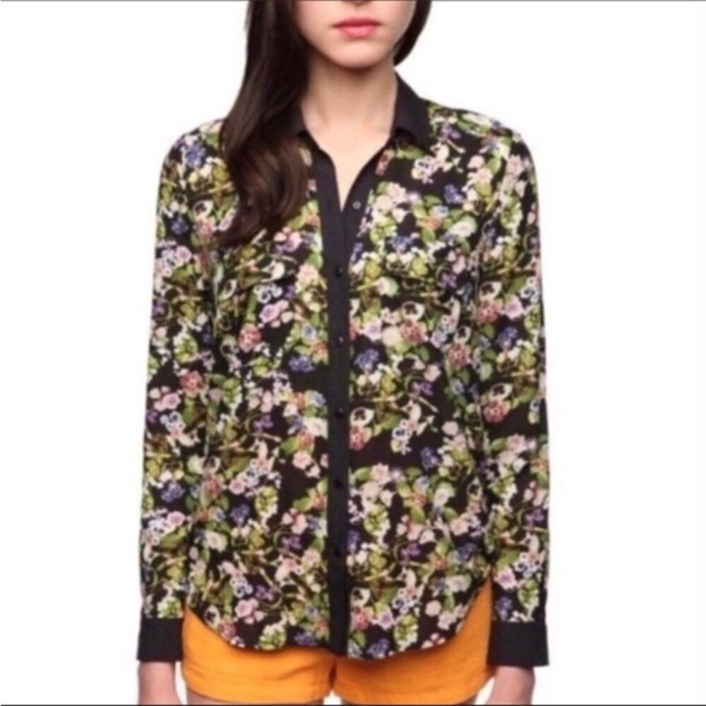 Urban Outfitters Black Floral Button-Down Blouse with Pink & Green Accents
